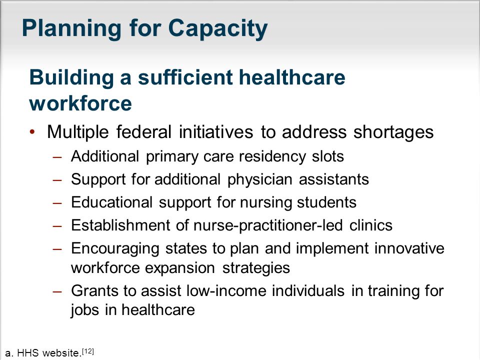 Planning for Capacity Building a sufficient healthcare workforce Multiple federal initiatives to address shortages –Additional primary care residency slots –Support for additional physician assistants –Educational support for nursing students –Establishment of nurse-practitioner-led clinics –Encouraging states to plan and implement innovative workforce expansion strategies –Grants to assist low-income individuals in training for jobs in healthcare a.