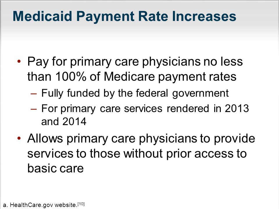 Medicaid Payment Rate Increases Pay for primary care physicians no less than 100% of Medicare payment rates –Fully funded by the federal government –For primary care services rendered in 2013 and 2014 Allows primary care physicians to provide services to those without prior access to basic care a.