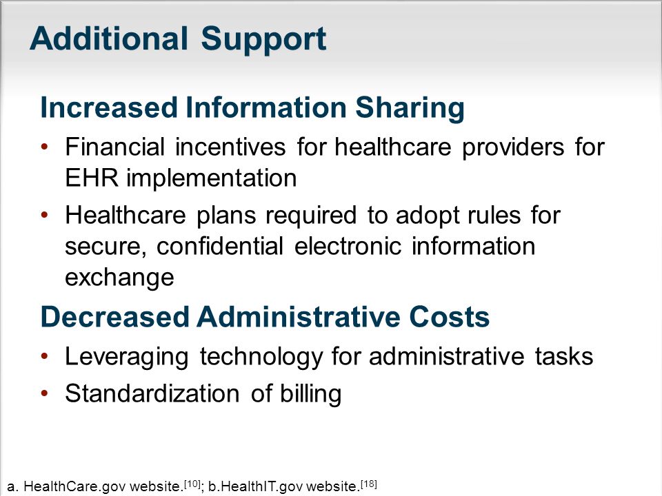 Additional Support Increased Information Sharing Financial incentives for healthcare providers for EHR implementation Healthcare plans required to adopt rules for secure, confidential electronic information exchange Decreased Administrative Costs Leveraging technology for administrative tasks Standardization of billing a.