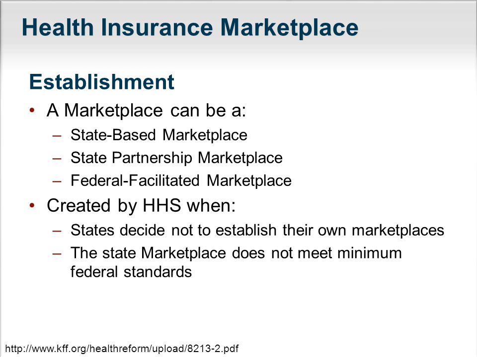 Health Insurance Marketplace Establishment A Marketplace can be a: –State-Based Marketplace –State Partnership Marketplace –Federal-Facilitated Marketplace Created by HHS when: –States decide not to establish their own marketplaces –The state Marketplace does not meet minimum federal standards