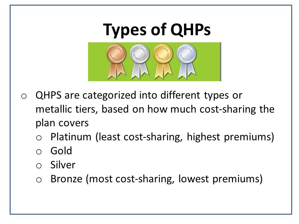 Types of QHPs o QHPS are categorized into different types or metallic tiers, based on how much cost-sharing the plan covers o Platinum (least cost-sharing, highest premiums) o Gold o Silver o Bronze (most cost-sharing, lowest premiums)