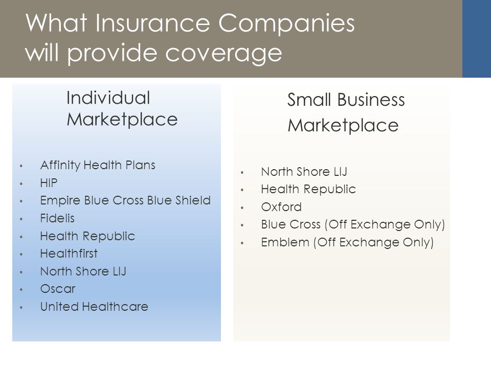 What Insurance Companies will provide coverage Individual Marketplace Affinity Health Plans HIP Empire Blue Cross Blue Shield Fidelis Health Republic Healthfirst North Shore LIJ Oscar United Healthcare Small Business Marketplace North Shore LIJ Health Republic Oxford Blue Cross (Off Exchange Only) Emblem (Off Exchange Only)