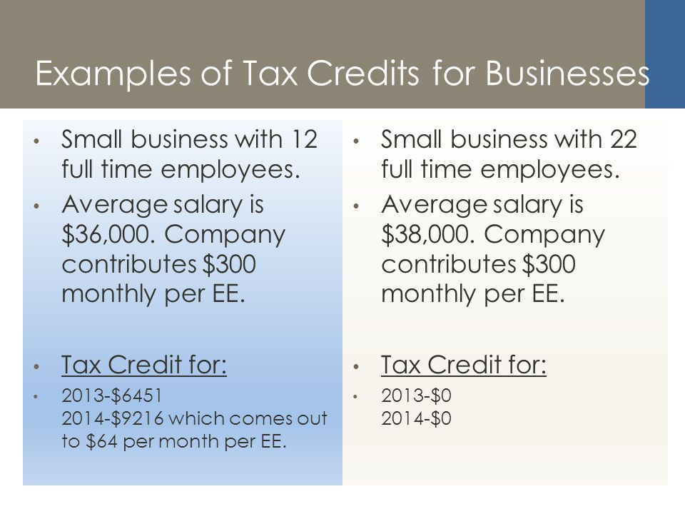 Examples of Tax Credits for Businesses Small business with 12 full time employees.