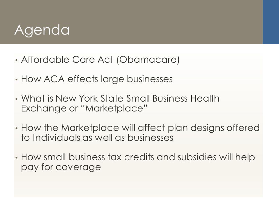 Agenda Affordable Care Act (Obamacare) How ACA effects large businesses What is New York State Small Business Health Exchange or Marketplace How the Marketplace will affect plan designs offered to Individuals as well as businesses How small business tax credits and subsidies will help pay for coverage