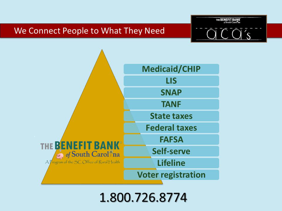 We Connect People to What They Need Medicaid/CHIPLISSNAPTANFState taxesFederal taxesFAFSASelf-serveLifelineVoter registration