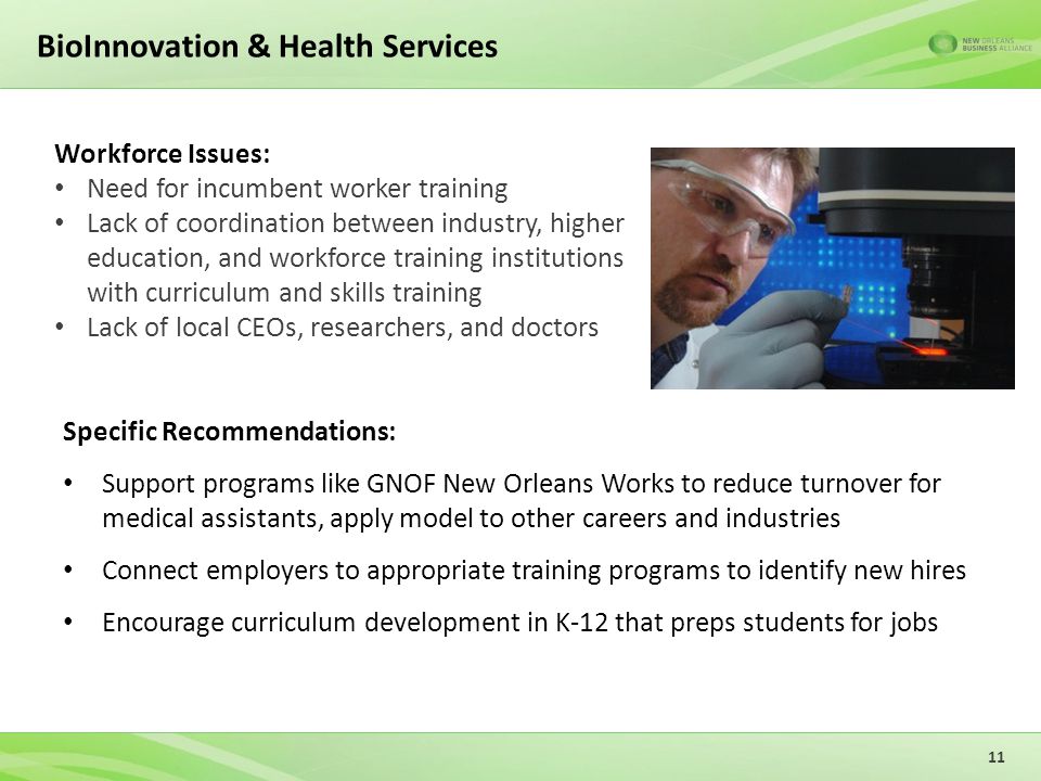 BioInnovation & Health Services Specific Recommendations: Support programs like GNOF New Orleans Works to reduce turnover for medical assistants, apply model to other careers and industries Connect employers to appropriate training programs to identify new hires Encourage curriculum development in K-12 that preps students for jobs 11 Workforce Issues: Need for incumbent worker training Lack of coordination between industry, higher education, and workforce training institutions with curriculum and skills training Lack of local CEOs, researchers, and doctors