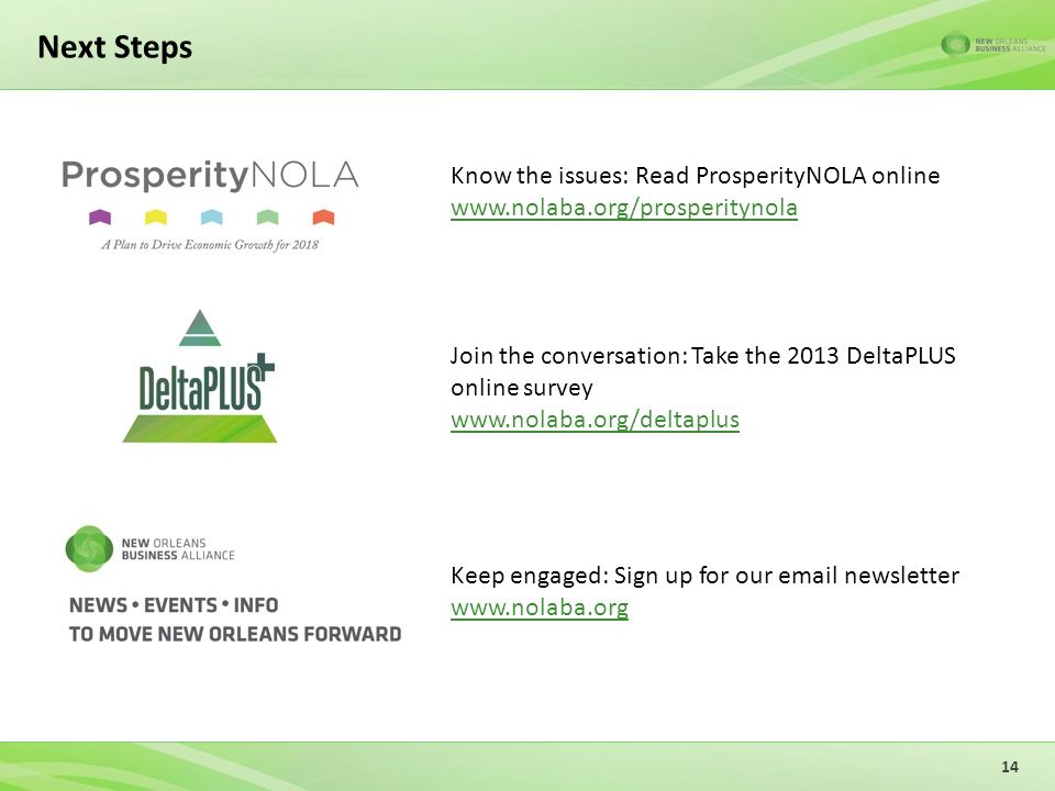 Next Steps Know the issues: Read ProsperityNOLA online   14 Join the conversation: Take the 2013 DeltaPLUS online survey   Keep engaged: Sign up for our  newsletter