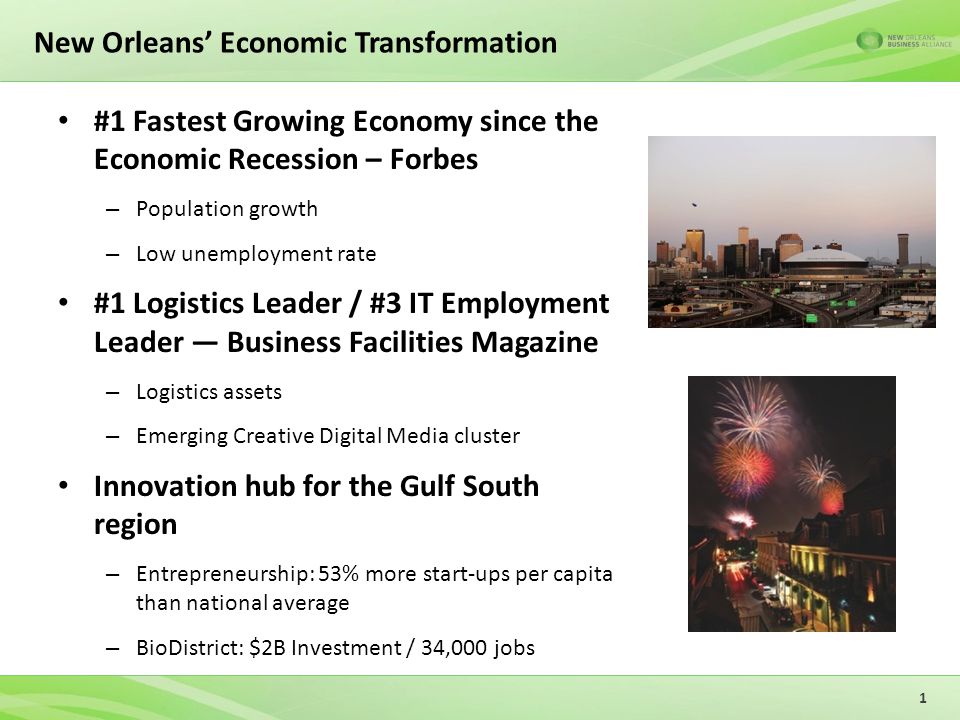 New Orleans’ Economic Transformation #1 Fastest Growing Economy since the Economic Recession – Forbes – Population growth – Low unemployment rate #1 Logistics Leader / #3 IT Employment Leader — Business Facilities Magazine – Logistics assets – Emerging Creative Digital Media cluster Innovation hub for the Gulf South region – Entrepreneurship: 53% more start-ups per capita than national average – BioDistrict: $2B Investment / 34,000 jobs 1