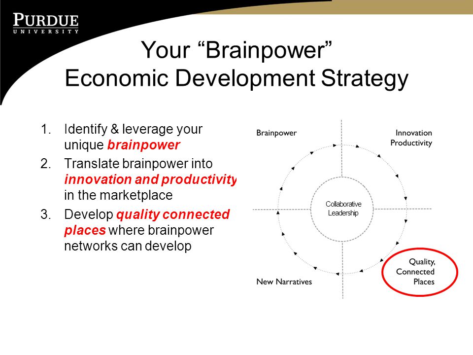 Your Brainpower Economic Development Strategy 1.Identify & leverage your unique brainpower 2.Translate brainpower into innovation and productivity in the marketplace 3.Develop quality connected places where brainpower networks can develop Collaborative Leadership