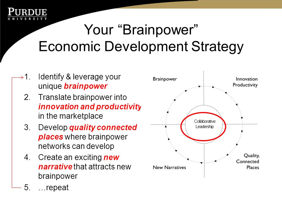 Your Brainpower Economic Development Strategy 1.Identify & leverage your unique brainpower 2.Translate brainpower into innovation and productivity in the marketplace 3.Develop quality connected places where brainpower networks can develop 4.Create an exciting new narrative that attracts new brainpower 5.…repeat Collaborative Leadership