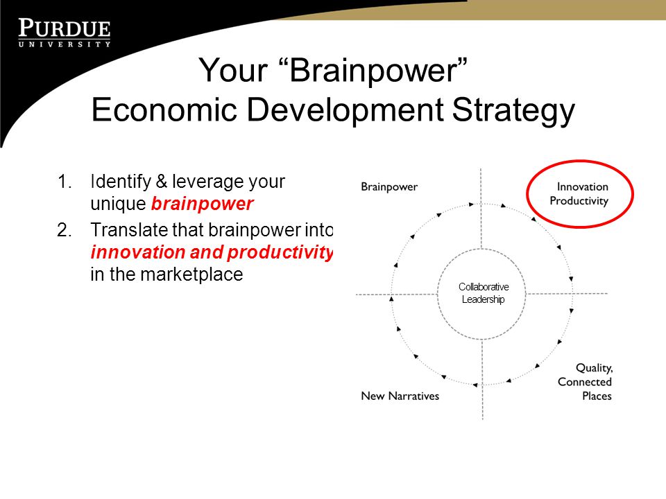 Your Brainpower Economic Development Strategy 1.Identify & leverage your unique brainpower 2.Translate that brainpower into innovation and productivity in the marketplace Collaborative Leadership