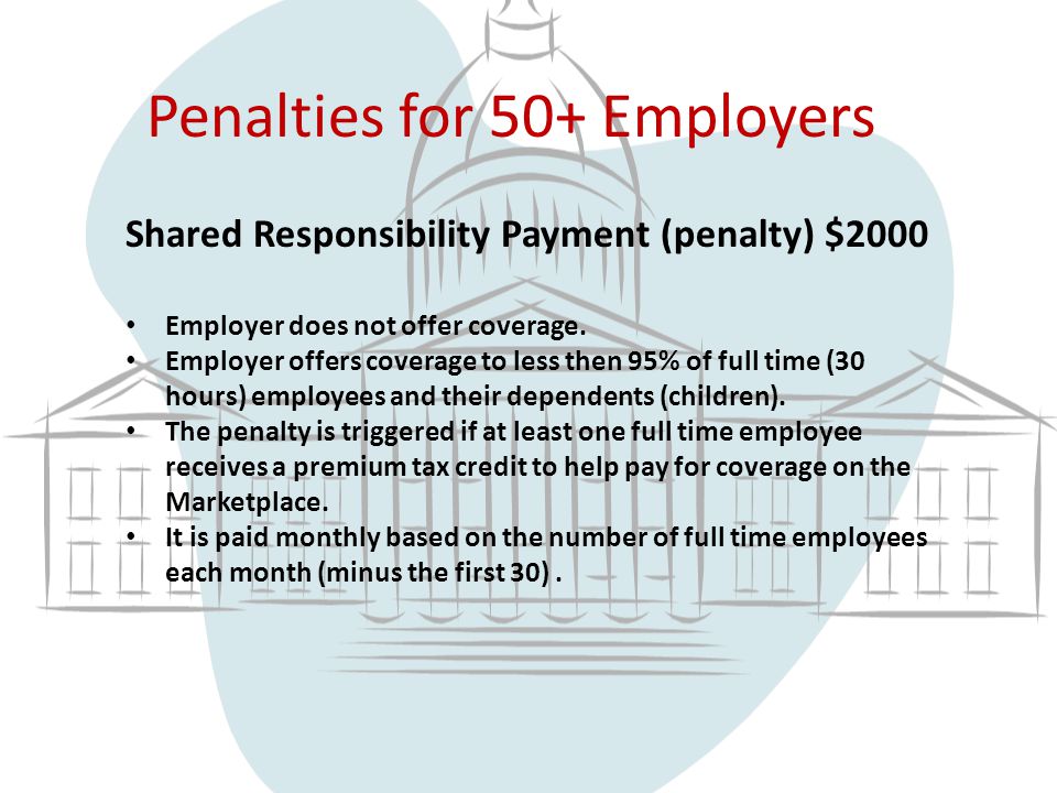 Penalties for 50+ Employers Shared Responsibility Payment (penalty) $2000 Employer does not offer coverage.