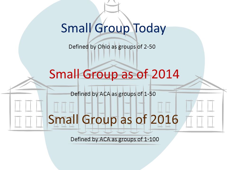 Small Group Today Small Group as of 2014 Small Group as of 2016 Defined by Ohio as groups of 2-50 Defined by ACA as groups of 1-50 Defined by ACA as groups of 1-100