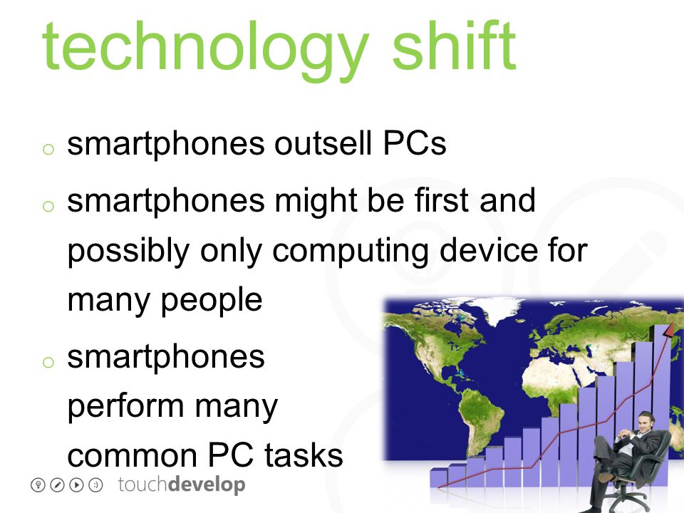programming with touchdevelop technology shift o smartphones outsell PCs o smartphones might be first and possibly only computing device for many people o smartphones perform many common PC tasks