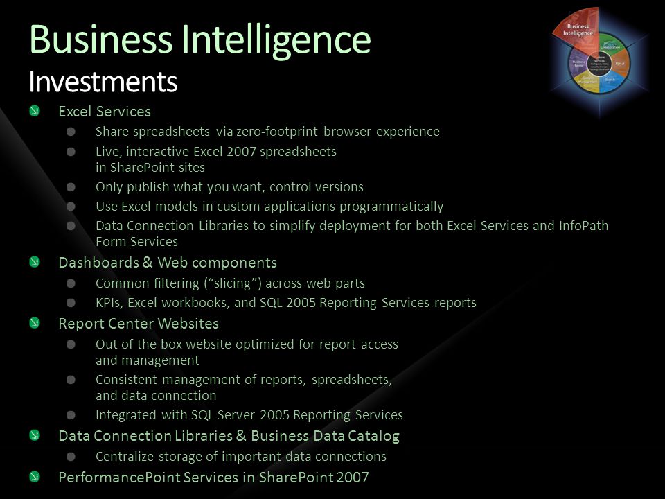 Business Intelligence Investments Excel Services Share spreadsheets via zero-footprint browser experience Live, interactive Excel 2007 spreadsheets in SharePoint sites Only publish what you want, control versions Use Excel models in custom applications programmatically Data Connection Libraries to simplify deployment for both Excel Services and InfoPath Form Services Dashboards & Web components Common filtering ( slicing ) across web parts KPIs, Excel workbooks, and SQL 2005 Reporting Services reports Report Center Websites Out of the box website optimized for report access and management Consistent management of reports, spreadsheets, and data connection Integrated with SQL Server 2005 Reporting Services Data Connection Libraries & Business Data Catalog Centralize storage of important data connections PerformancePoint Services in SharePoint 2007