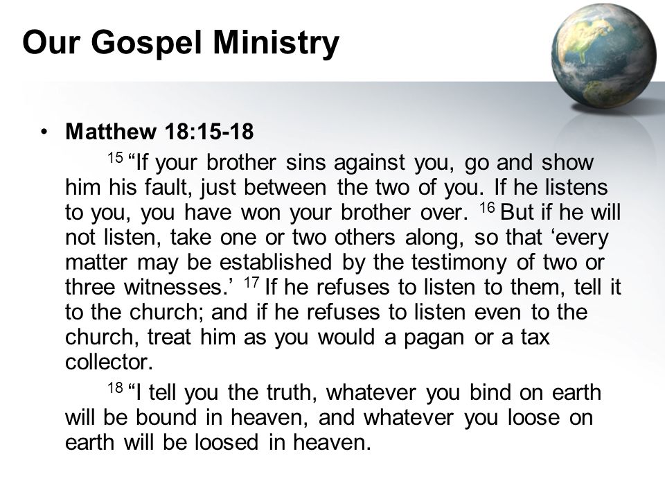 Our Gospel Ministry Matthew 18: If your brother sins against you, go and show him his fault, just between the two of you.