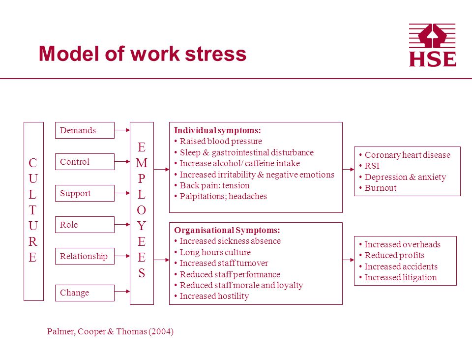 Model of work stress Demands CULTURECULTURE Control Support Role Relationship Change EMPLOYEESEMPLOYEES Individual symptoms: Raised blood pressure Sleep & gastrointestinal disturbance Increase alcohol/ caffeine intake Increased irritability & negative emotions Back pain: tension Palpitations; headaches Organisational Symptoms: Increased sickness absence Long hours culture Increased staff turnover Reduced staff performance Reduced staff morale and loyalty Increased hostility Coronary heart disease RSI Depression & anxiety Burnout Increased overheads Reduced profits Increased accidents Increased litigation Palmer, Cooper & Thomas (2004)