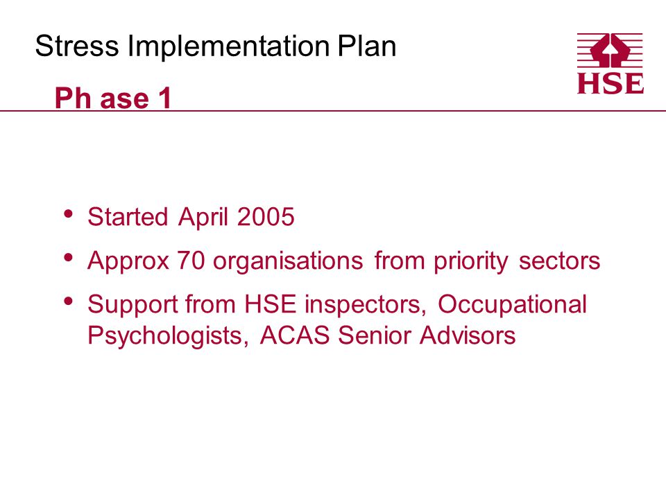 Ph ase 1 Started April 2005 Approx 70 organisations from priority sectors Support from HSE inspectors, Occupational Psychologists, ACAS Senior Advisors Stress Implementation Plan