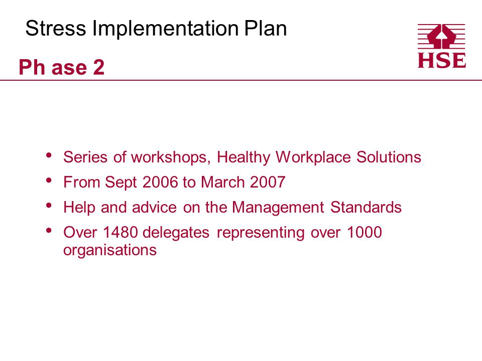 Series of workshops, Healthy Workplace Solutions From Sept 2006 to March 2007 Help and advice on the Management Standards Over 1480 delegates representing over 1000 organisations Ph ase 2 Stress Implementation Plan