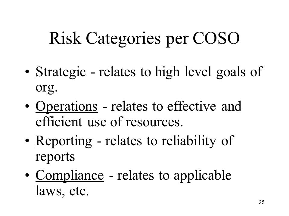 35 Risk Categories per COSO Strategic - relates to high level goals of org.
