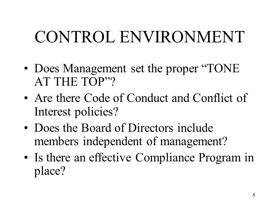 5 CONTROL ENVIRONMENT Does Management set the proper TONE AT THE TOP .