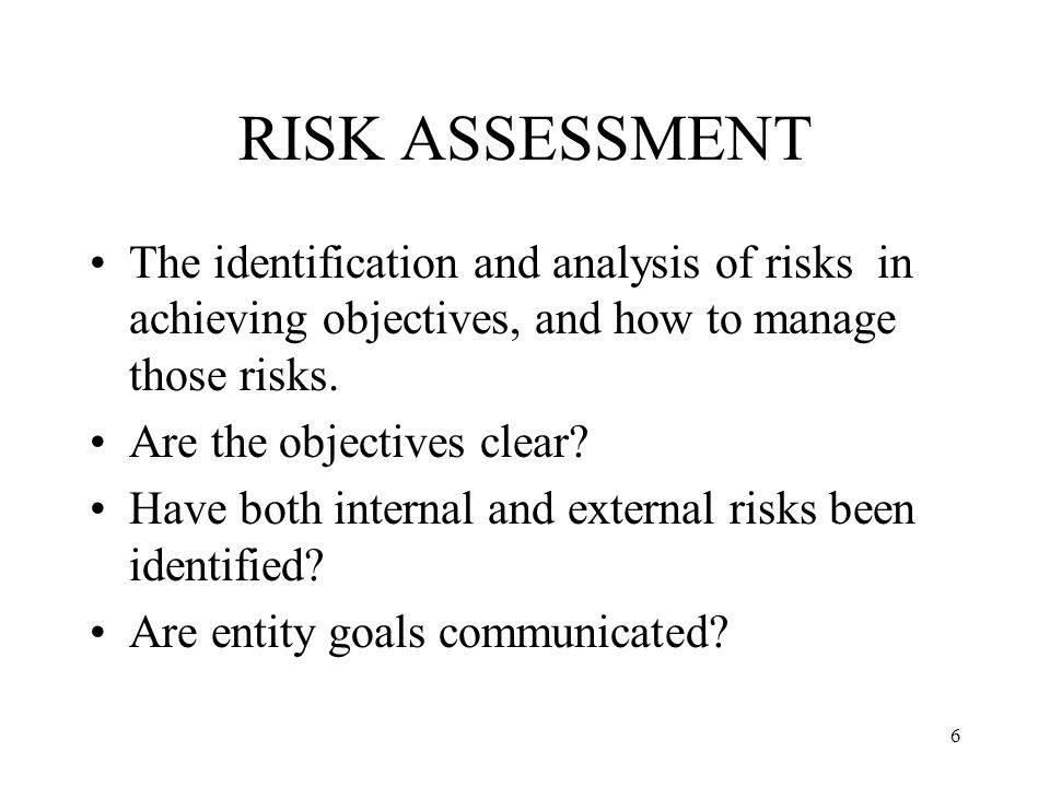 6 RISK ASSESSMENT The identification and analysis of risks in achieving objectives, and how to manage those risks.