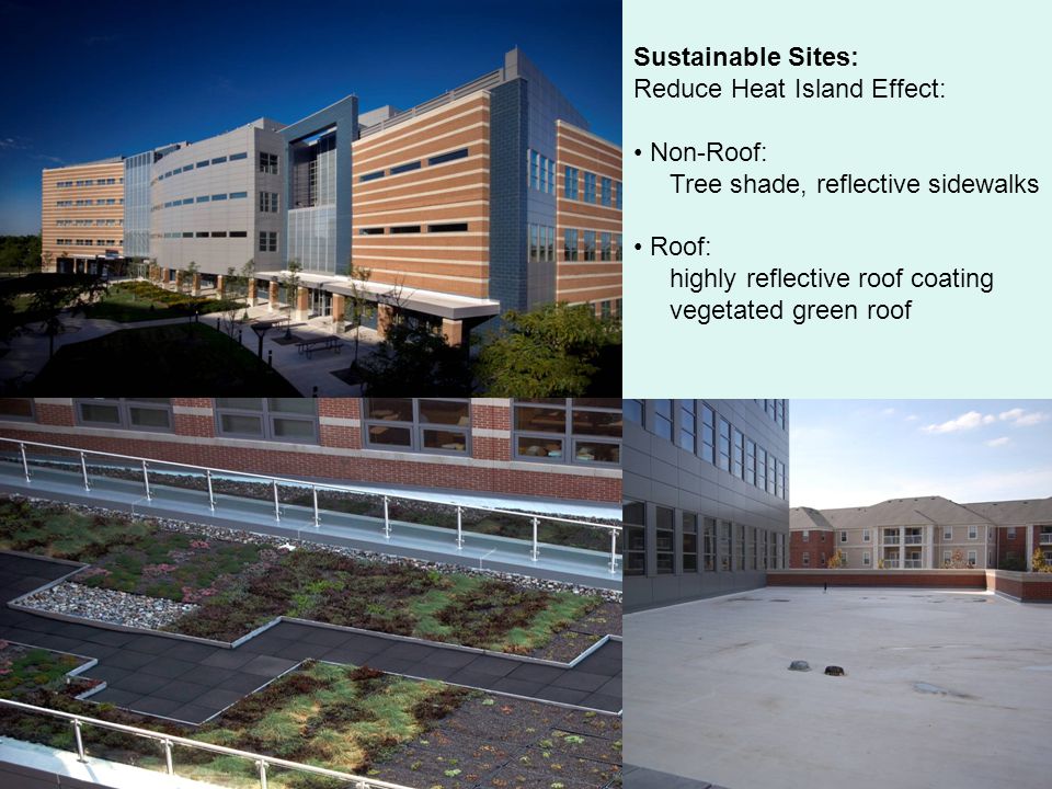Sustainable Sites: Reduce Heat Island Effect: Non-Roof: Tree shade, reflective sidewalks Roof: highly reflective roof coating vegetated green roof