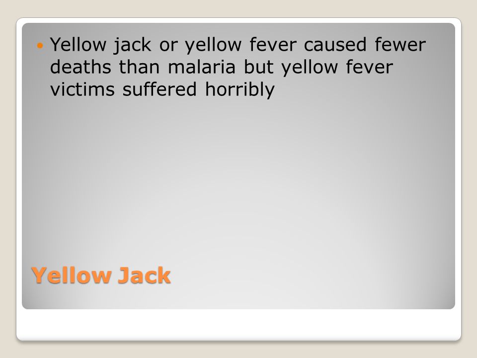 Yellow Jack Yellow jack or yellow fever caused fewer deaths than malaria but yellow fever victims suffered horribly