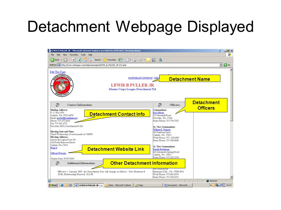 Detachment Webpage Displayed Detachment Name Detachment Contact Info Detachment Website Link Detachment Officers Other Detachment Information