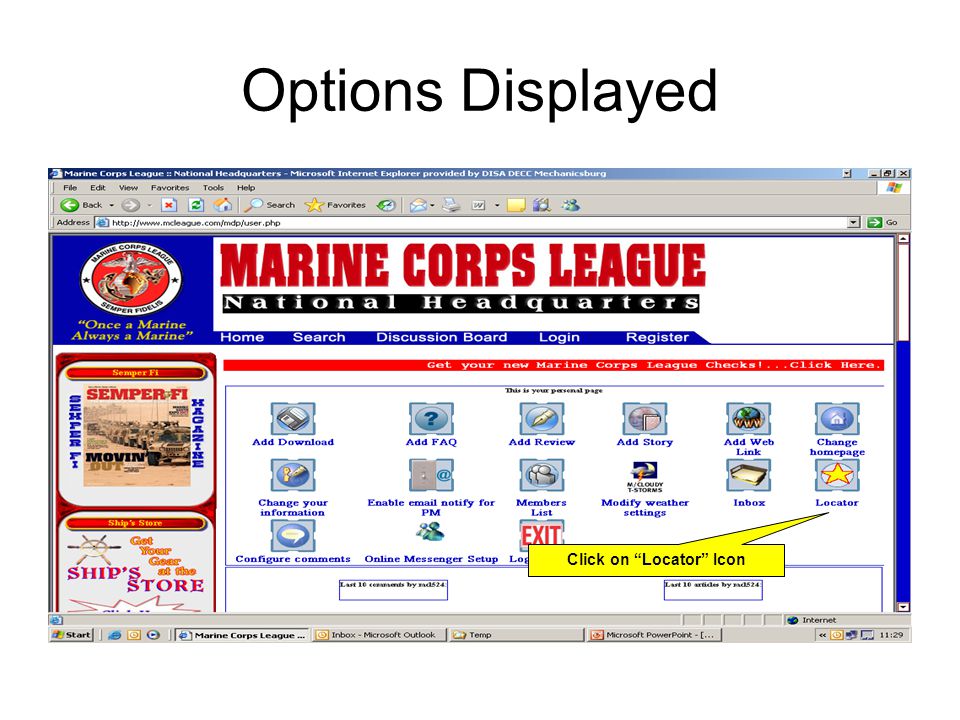 Options Displayed Click on Locator Icon