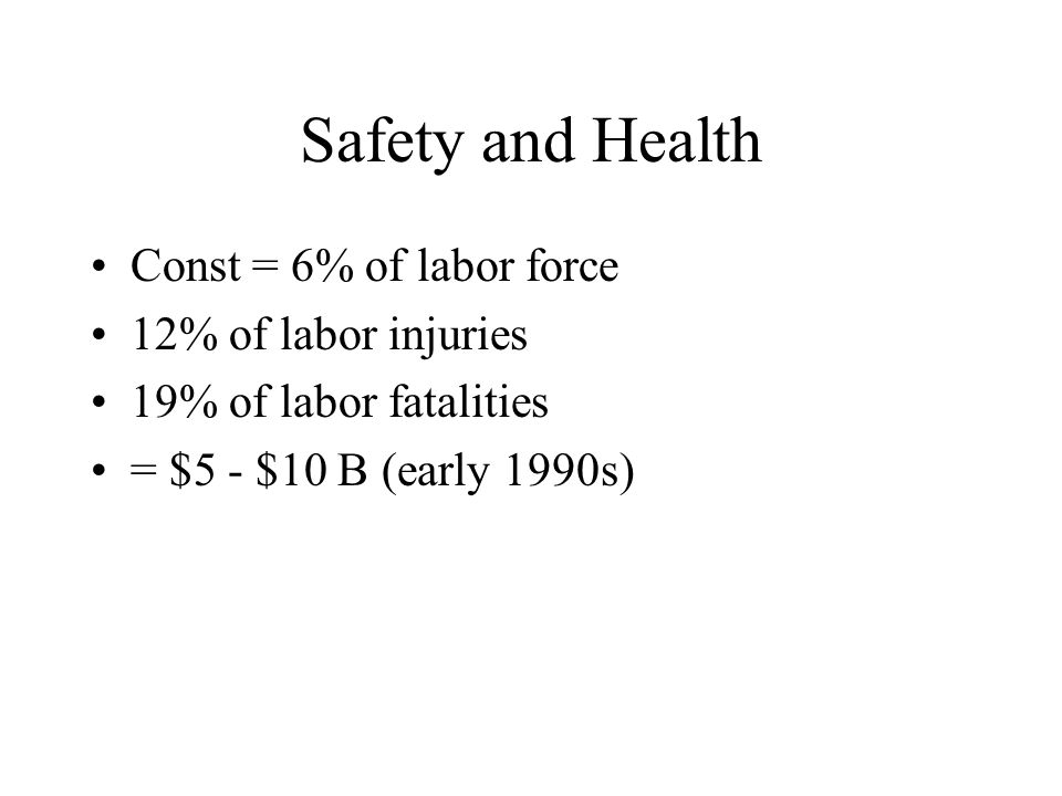 Safety and Health Const = 6% of labor force 12% of labor injuries 19% of labor fatalities = $5 - $10 B (early 1990s)