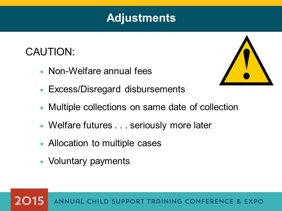Adjustments CAUTION: ✷ Non-Welfare annual fees ✷ Excess/Disregard disbursements ✷ Multiple collections on same date of collection ✷ Welfare futures...