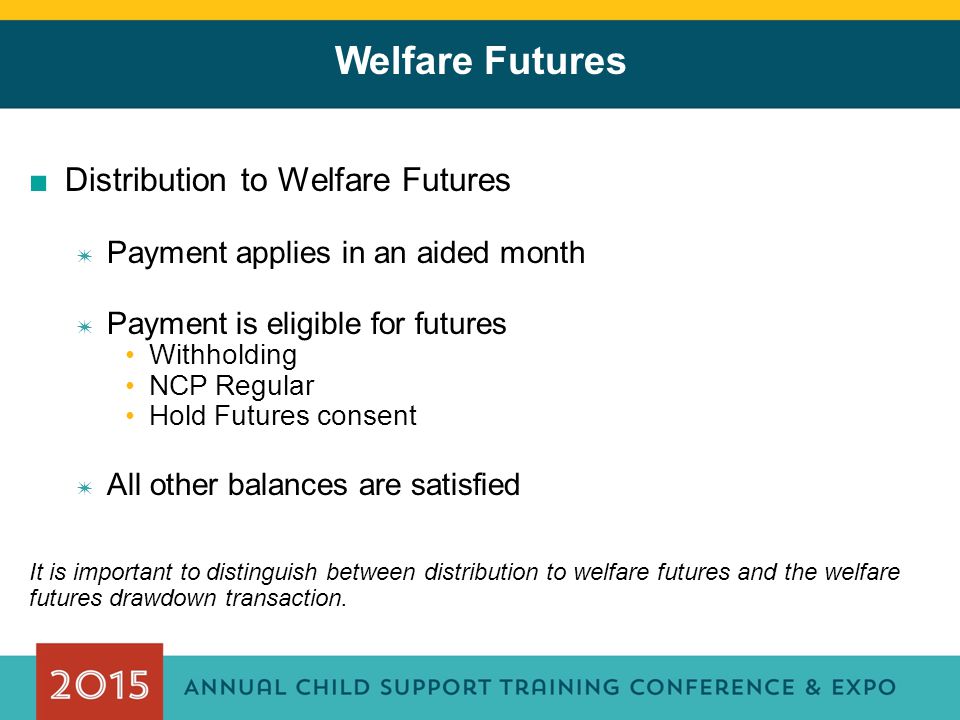 ■Distribution to Welfare Futures ✷ Payment applies in an aided month ✷ Payment is eligible for futures Withholding NCP Regular Hold Futures consent ✷ All other balances are satisfied It is important to distinguish between distribution to welfare futures and the welfare futures drawdown transaction.