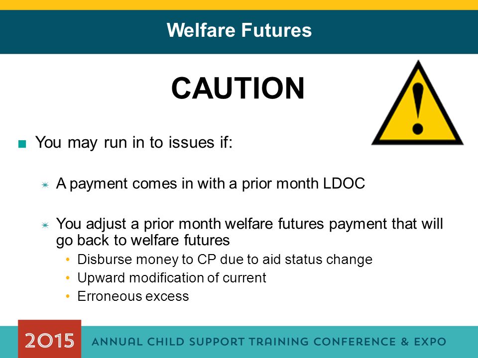 Welfare Futures CAUTION ■You may run in to issues if: ✷ A payment comes in with a prior month LDOC ✷ You adjust a prior month welfare futures payment that will go back to welfare futures Disburse money to CP due to aid status change Upward modification of current Erroneous excess