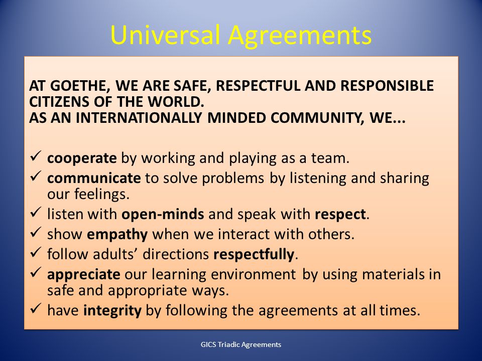 Universal Agreements AT GOETHE, WE ARE SAFE, RESPECTFUL AND RESPONSIBLE CITIZENS OF THE WORLD.