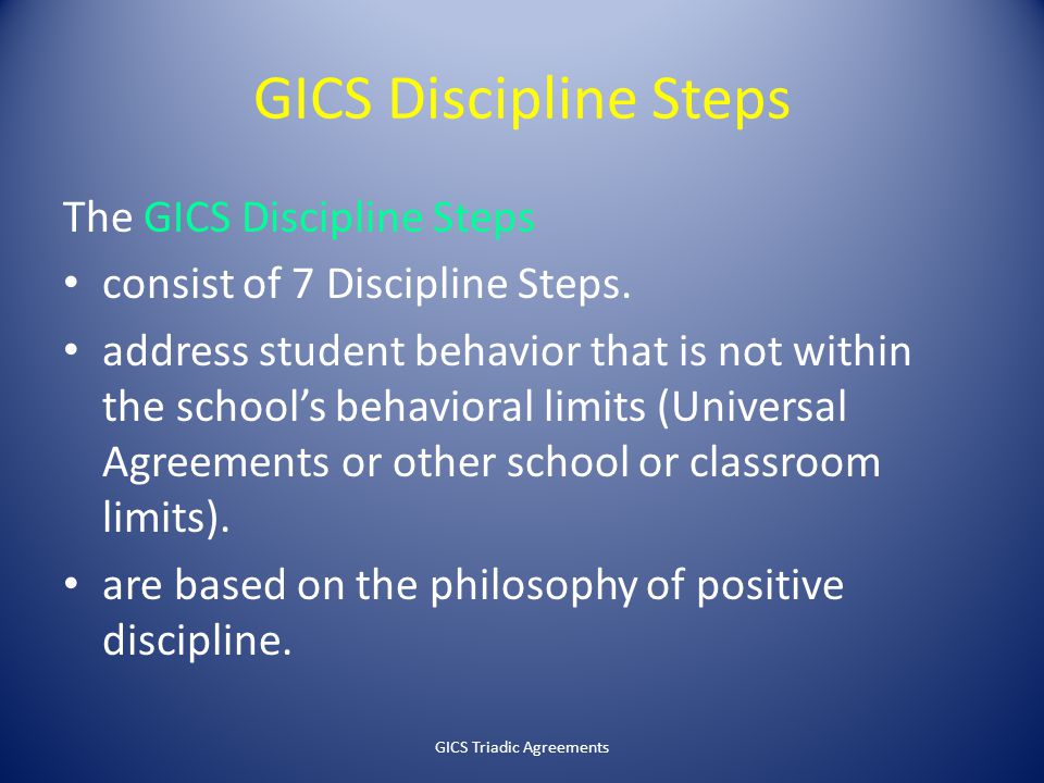 GICS Discipline Steps The GICS Discipline Steps consist of 7 Discipline Steps.