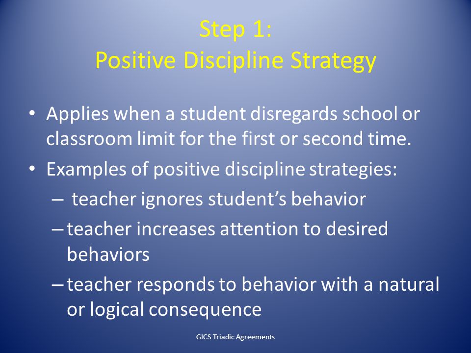 Step 1: Positive Discipline Strategy Applies when a student disregards school or classroom limit for the first or second time.