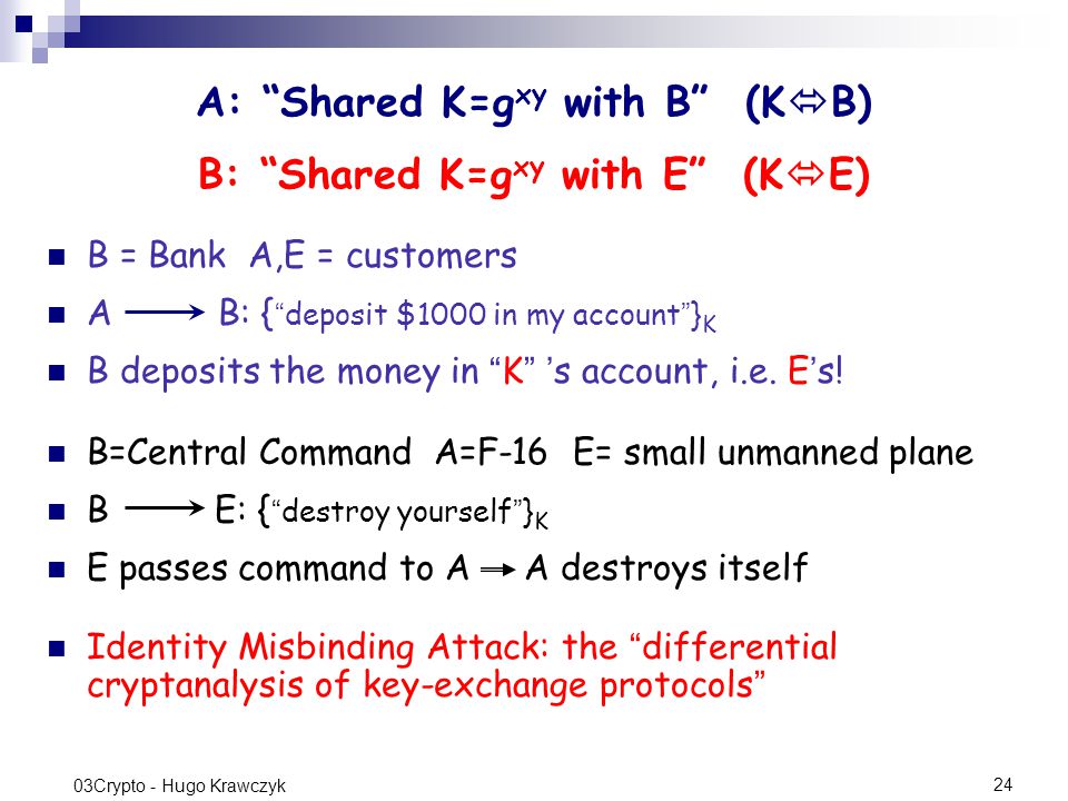 24 03Crypto - Hugo Krawczyk A: Shared K=g xy with B (K  B) B: Shared K=g xy with E (K  E) B = Bank A,E = customers A B: { deposit $1000 in my account } K B deposits the money in K ’ s account, i.e.