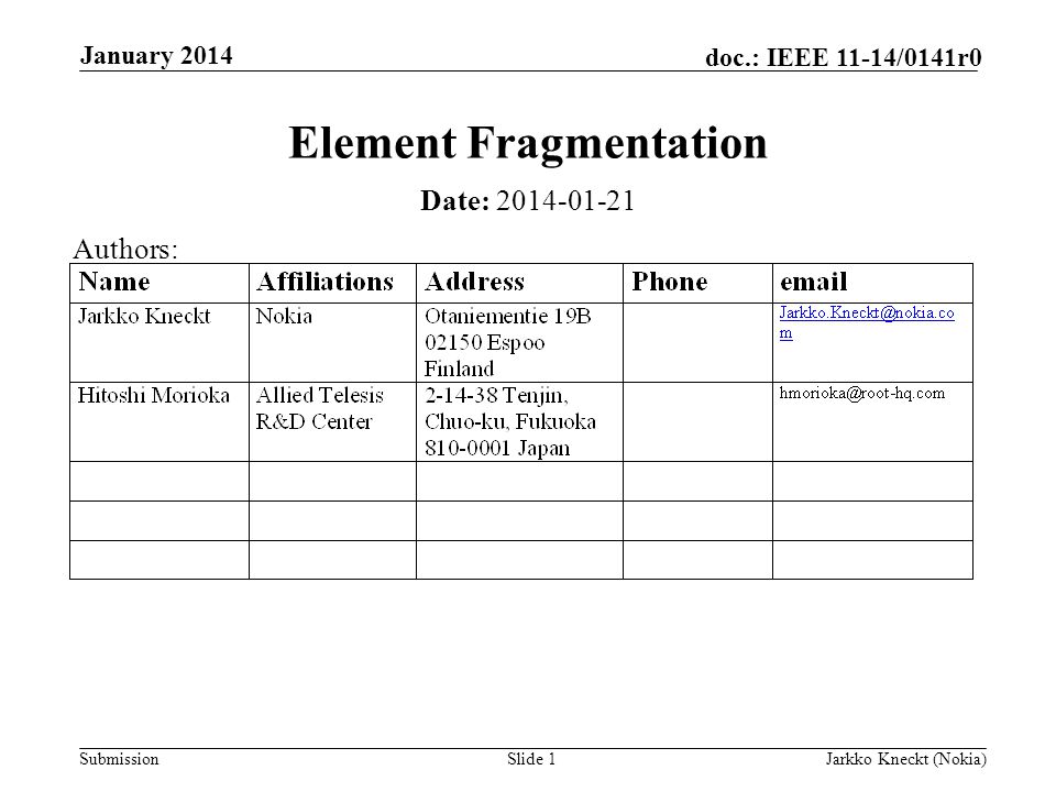 Submission doc.: IEEE 11-14/0141r0 January 2014 Jarkko Kneckt (Nokia)Slide 1 Element Fragmentation Date: Authors: