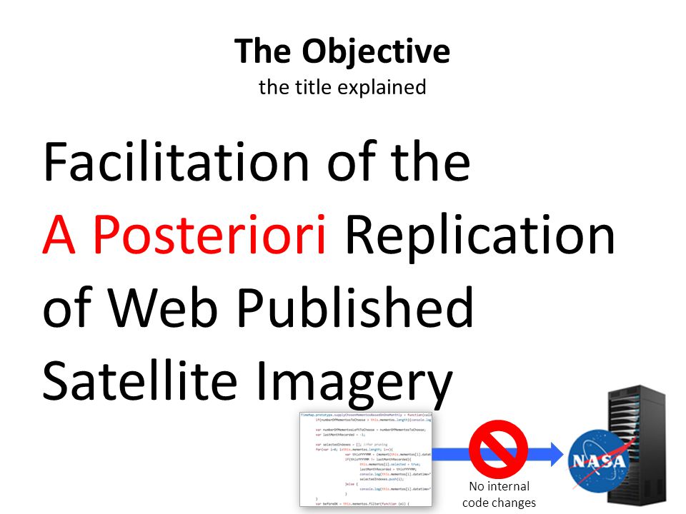 Facilitation of the A Posteriori Replication of Web Published Satellite Imagery No internal code changes The Objective the title explained