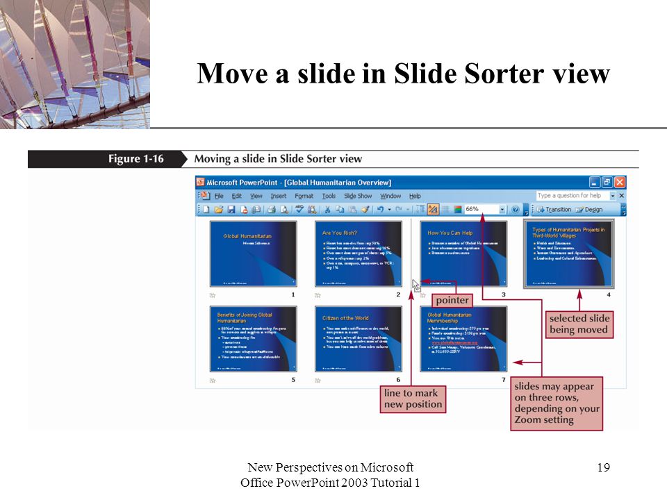 XP New Perspectives on Microsoft Office PowerPoint 2003 Tutorial 1 19 Move a slide in Slide Sorter view