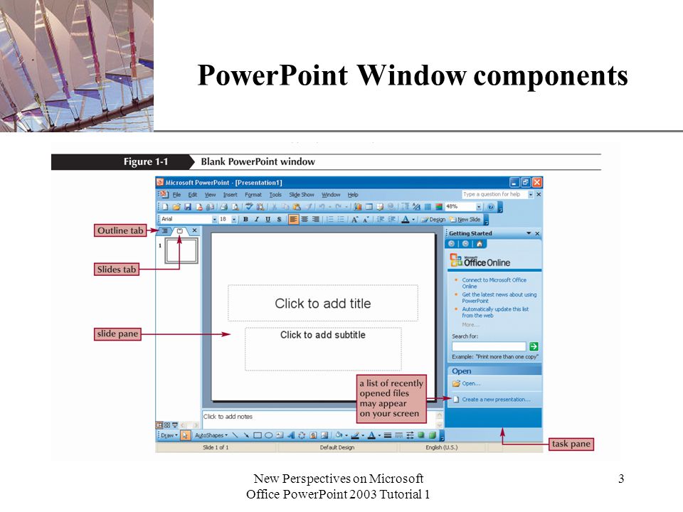 XP New Perspectives on Microsoft Office PowerPoint 2003 Tutorial 1 3 PowerPoint Window components
