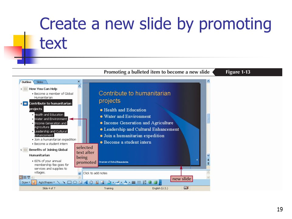 19 Create a new slide by promoting text