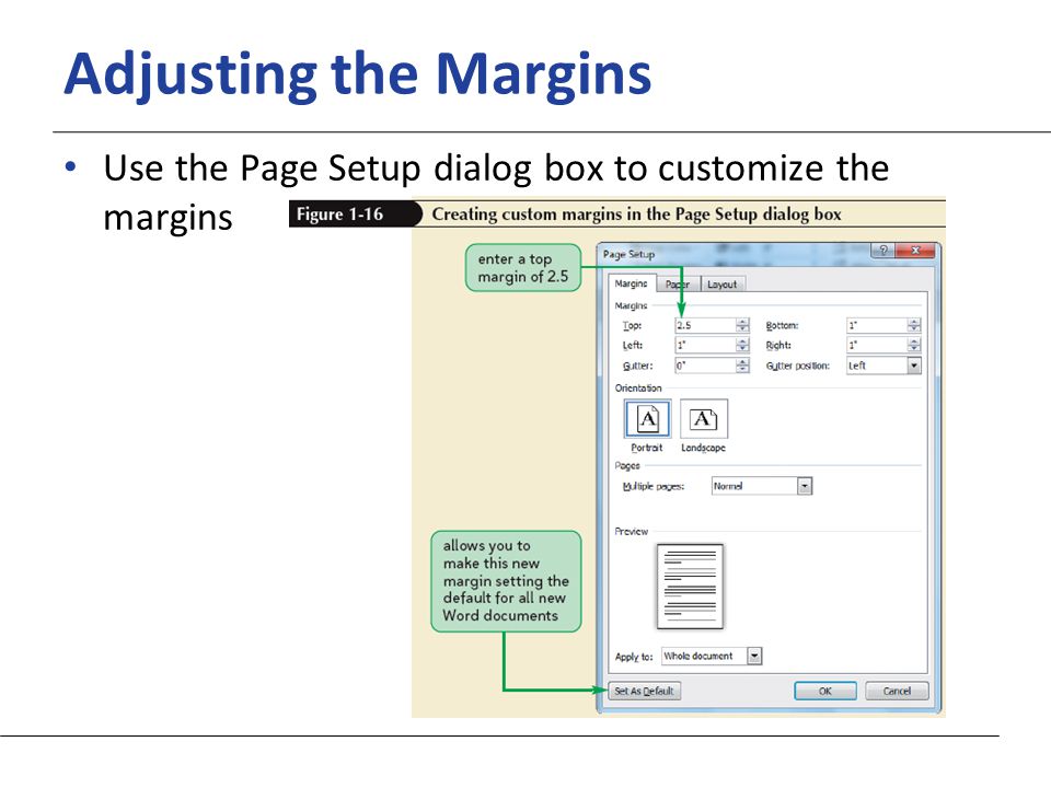 XP Adjusting the Margins Use the Page Setup dialog box to customize the margins