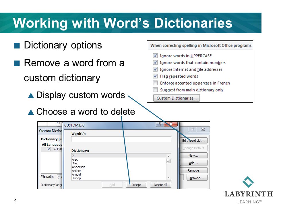 Working with Word’s Dictionaries Dictionary options Remove a word from a custom dictionary  Display custom words  Choose a word to delete 9