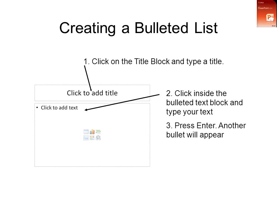 Creating a Bulleted List 1. Click on the Title Block and type a title.