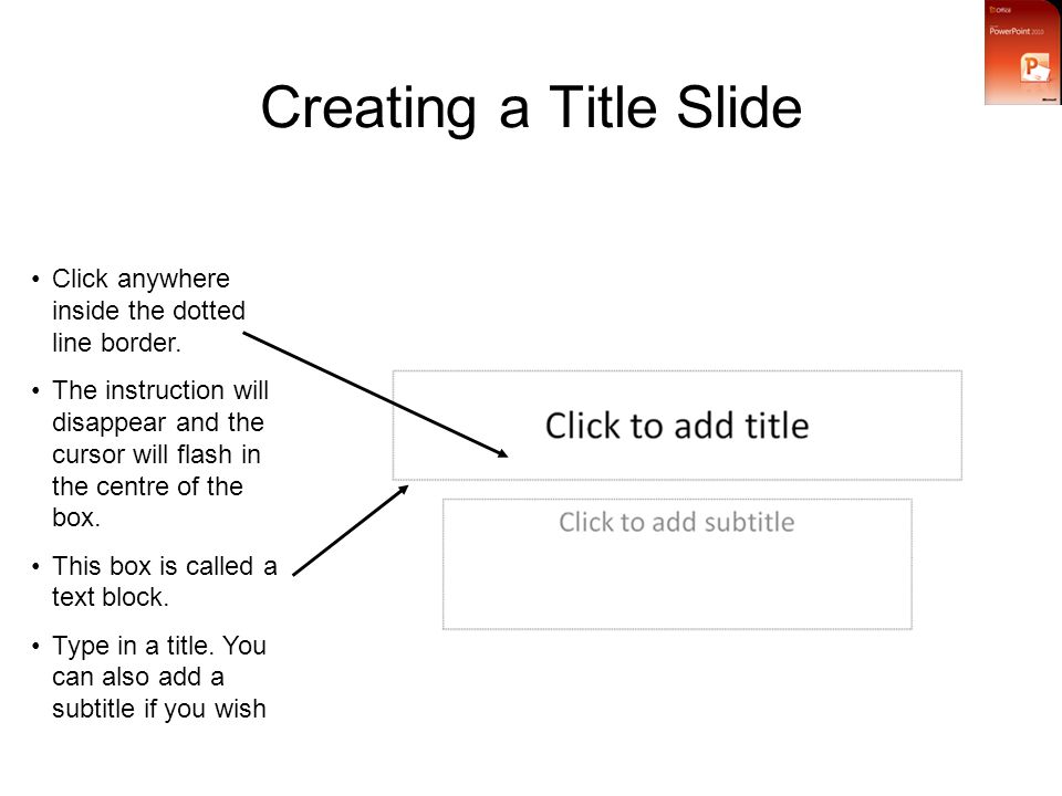 Creating a Title Slide Click anywhere inside the dotted line border.