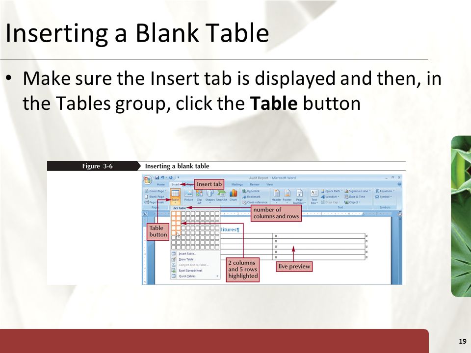 XP 19 Inserting a Blank Table Make sure the Insert tab is displayed and then, in the Tables group, click the Table button