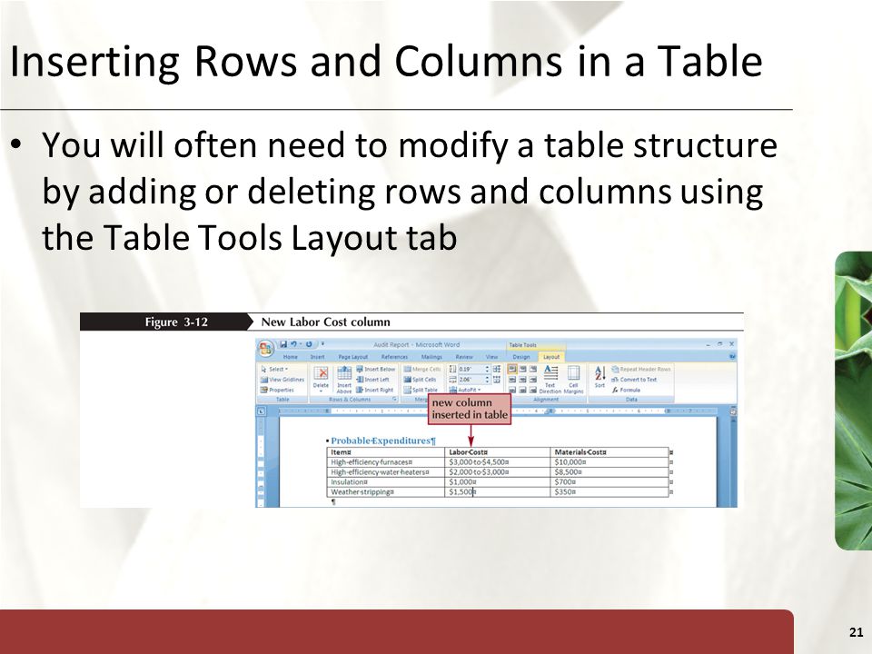 XP 21 Inserting Rows and Columns in a Table You will often need to modify a table structure by adding or deleting rows and columns using the Table Tools Layout tab