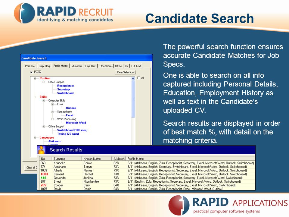 Candidate Search One is able to search on all info captured including Personal Details, Education, Employment History as well as text in the Candidate’s uploaded CV.